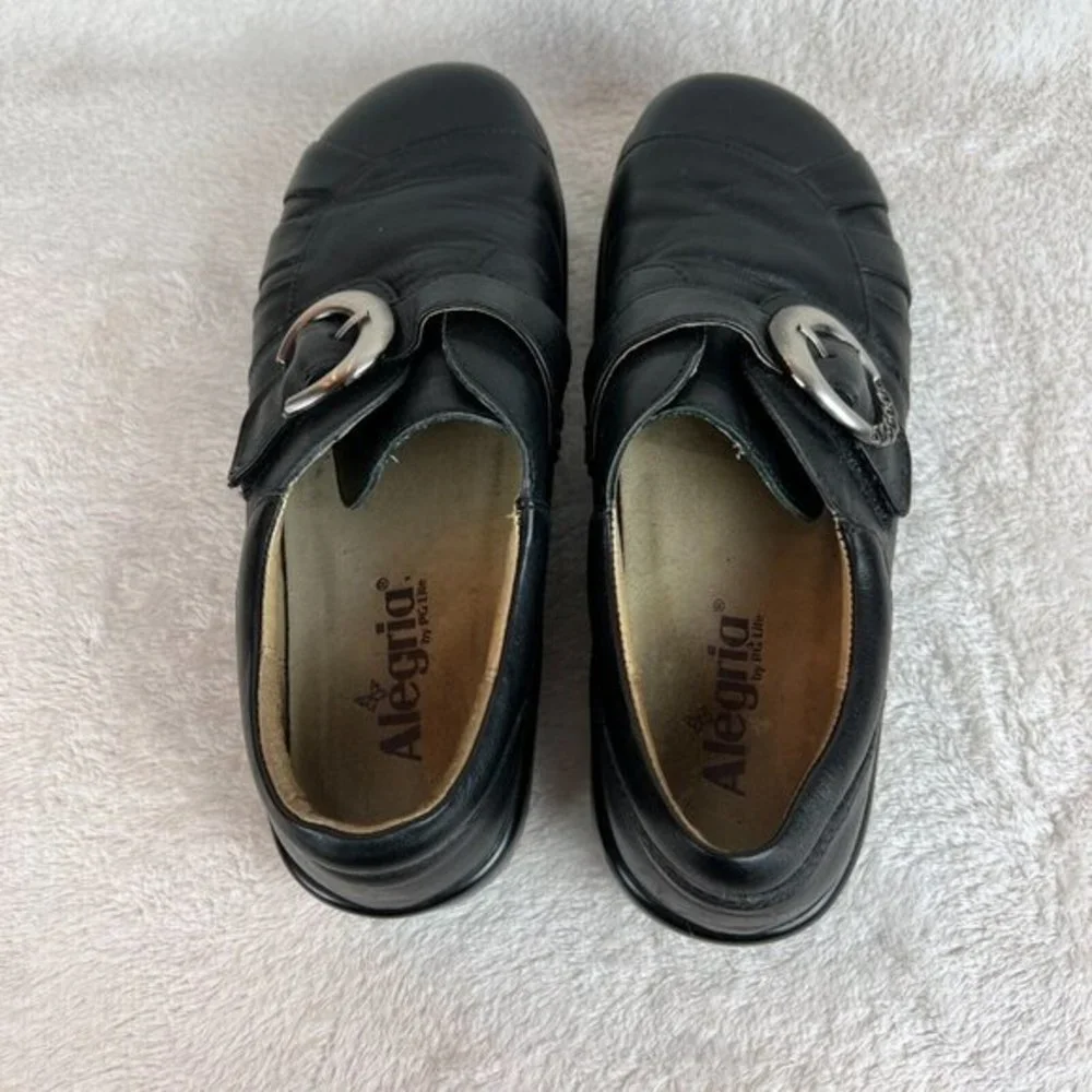 Alegria Leather Shoes‎ 9/9.5 Womens 39 EU Khloe Black Nappa Buckle Wedge